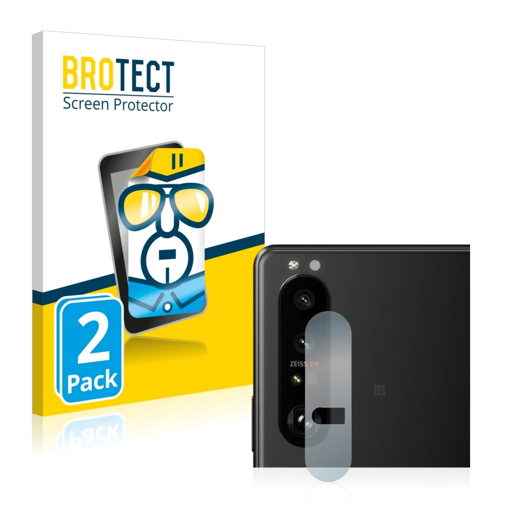 Parte frontal de un envase de producto con el logotipo de la marca BROTECT. Al lado se muestra el dispositivo Sony Xperia 1 II