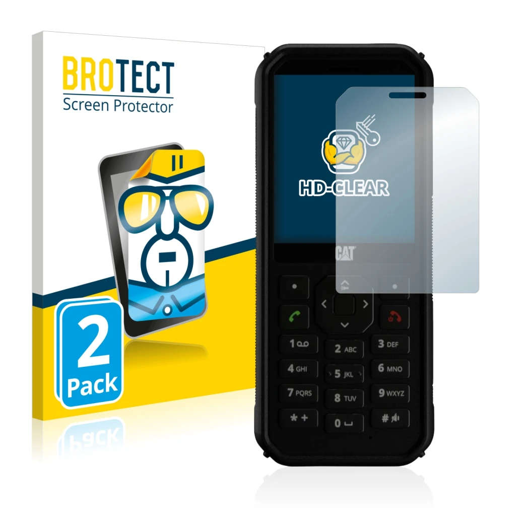 Parte frontal de un envase de producto con el logotipo de la marca BROTECT. Al lado se muestra el dispositivo Caterpillar Cat 