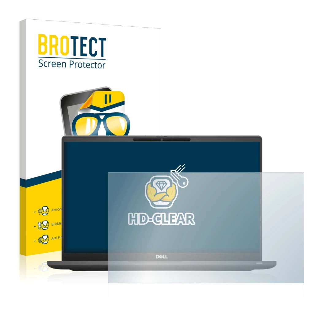 Parte frontal de un envase de producto con el logotipo de la marca BROTECT. Al lado se muestra el dispositivo Dell Latitude 73