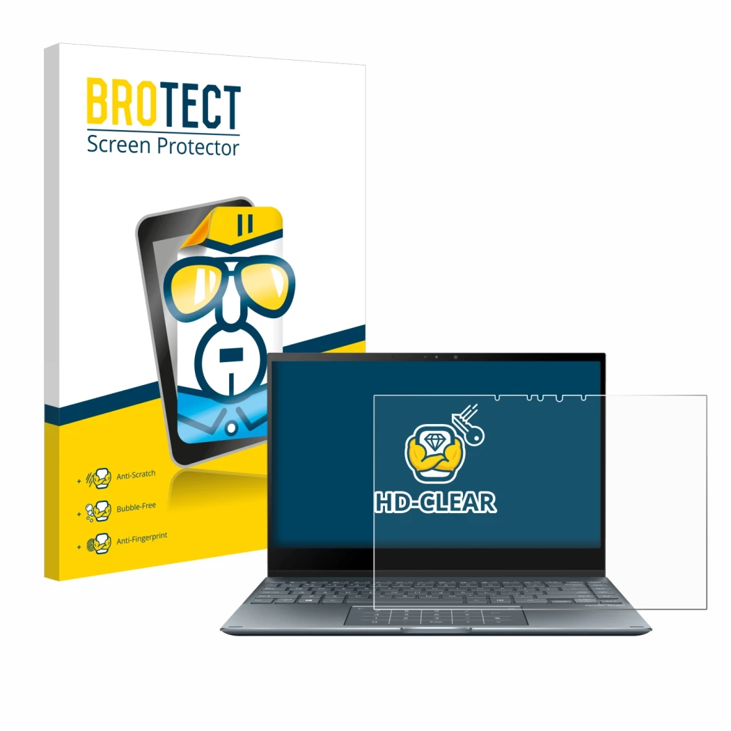 Parte frontal de un envase de producto con el logotipo de la marca BROTECT. Al lado se muestra el dispositivo ASUS ZenBook Fli