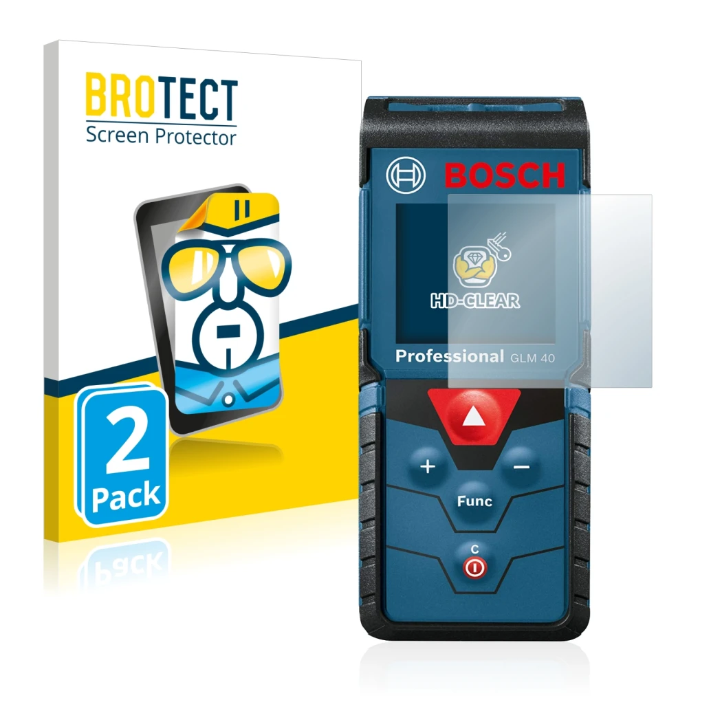Parte frontal de un envase de producto con el logotipo de la marca BROTECT. Al lado se muestra el dispositivo Bosch GLM 40 Pro