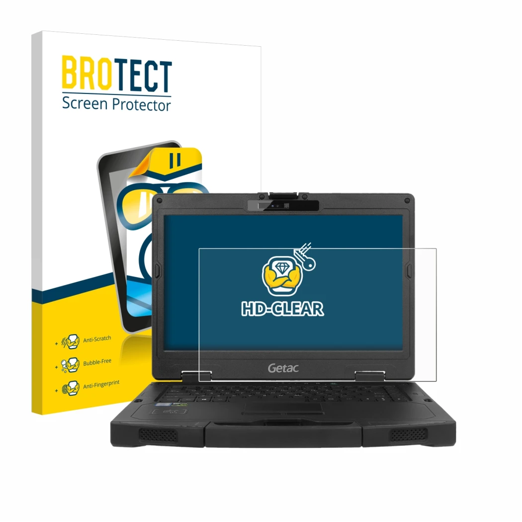 Parte frontal de un envase de producto con el logotipo de la marca BROTECT. Al lado se muestra el dispositivo Getac S410 con s