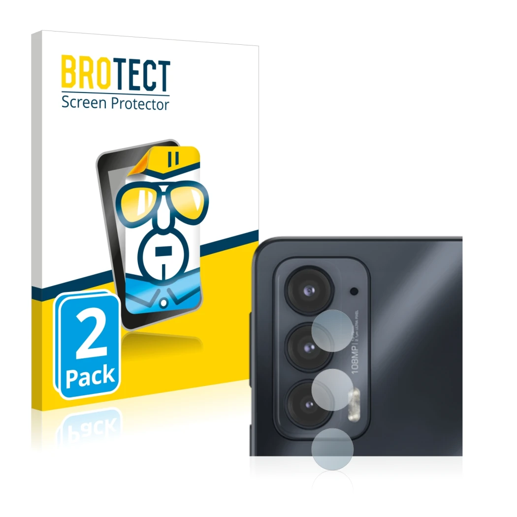 Parte frontal de un envase de producto con el logotipo de la marca BROTECT. Al lado se muestra el dispositivo Motorola Edge 20