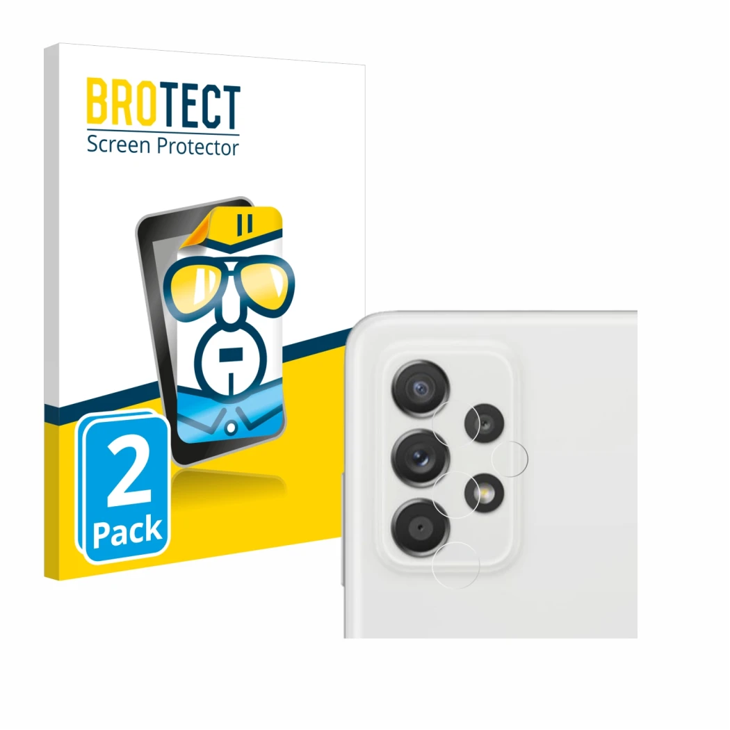 Parte frontal de un envase de producto con el logotipo de la marca BROTECT. Al lado se muestra el dispositivo Samsung Galaxy A