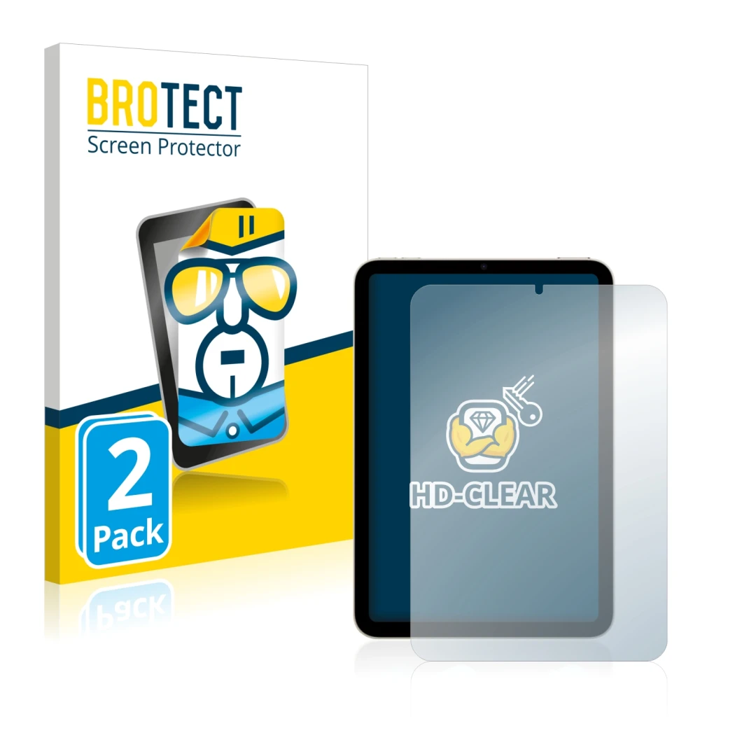 Parte frontal de un envase de producto con el logotipo de la marca BROTECT. Al lado se muestra el dispositivo Apple iPad Mini 