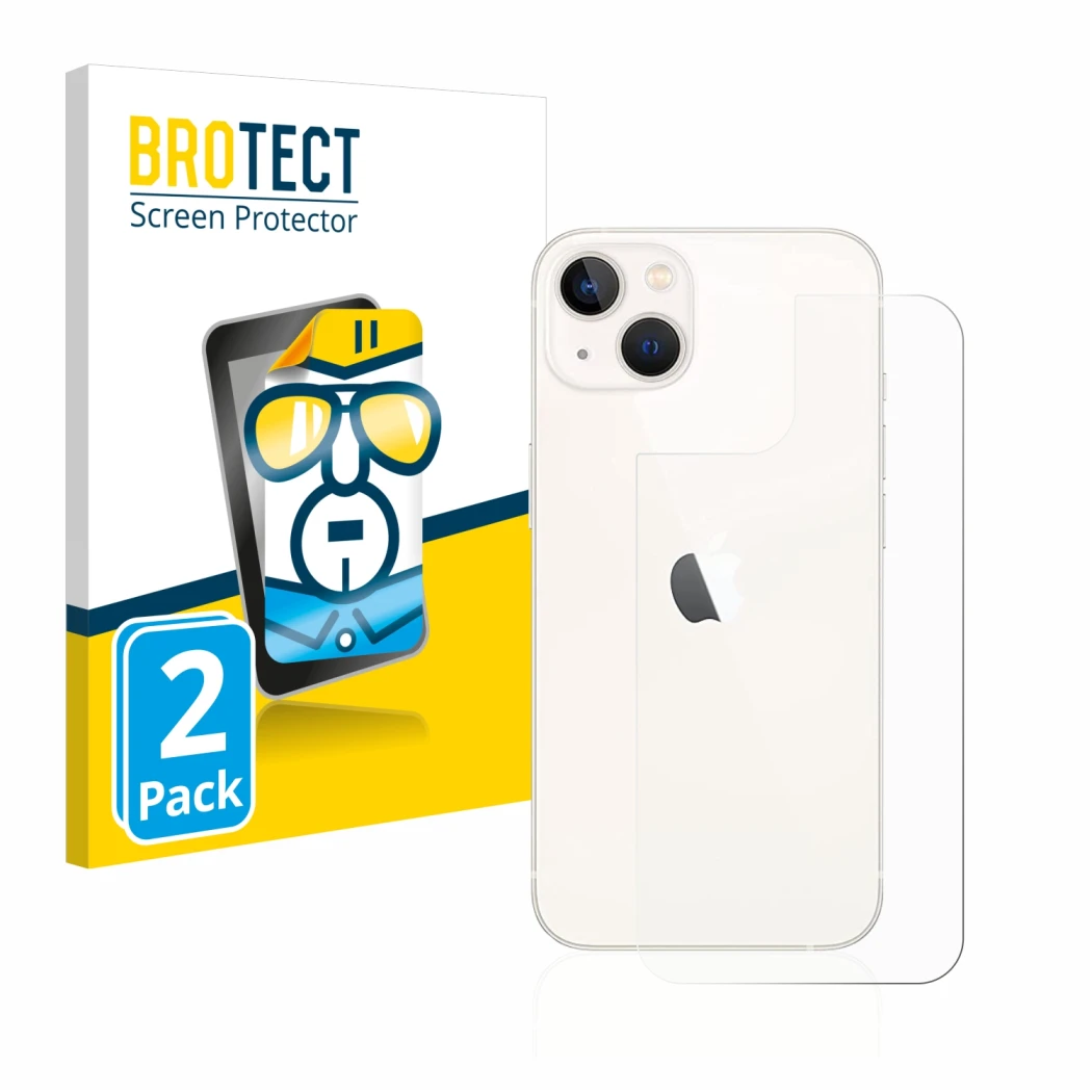 Parte frontal de un envase de producto con el logotipo de la marca BROTECT. Al lado se muestra el dispositivo Apple iPhone 13 