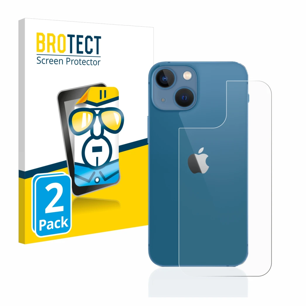 Parte frontal de un envase de producto con el logotipo de la marca BROTECT. Al lado se muestra el dispositivo Apple iPhone 13