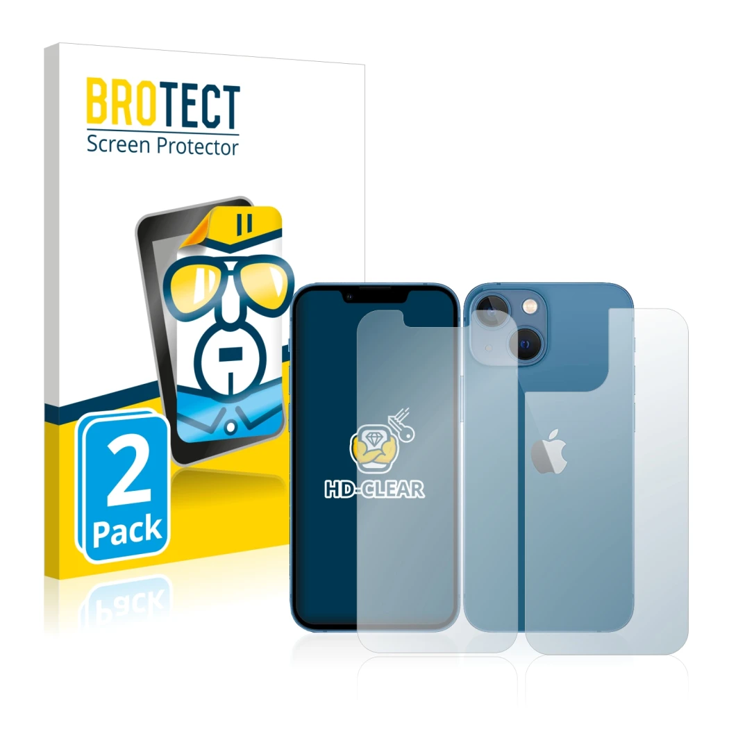 Parte frontal de un envase de producto con el logotipo de la marca BROTECT. Al lado se muestra el dispositivo Apple iPhone 13