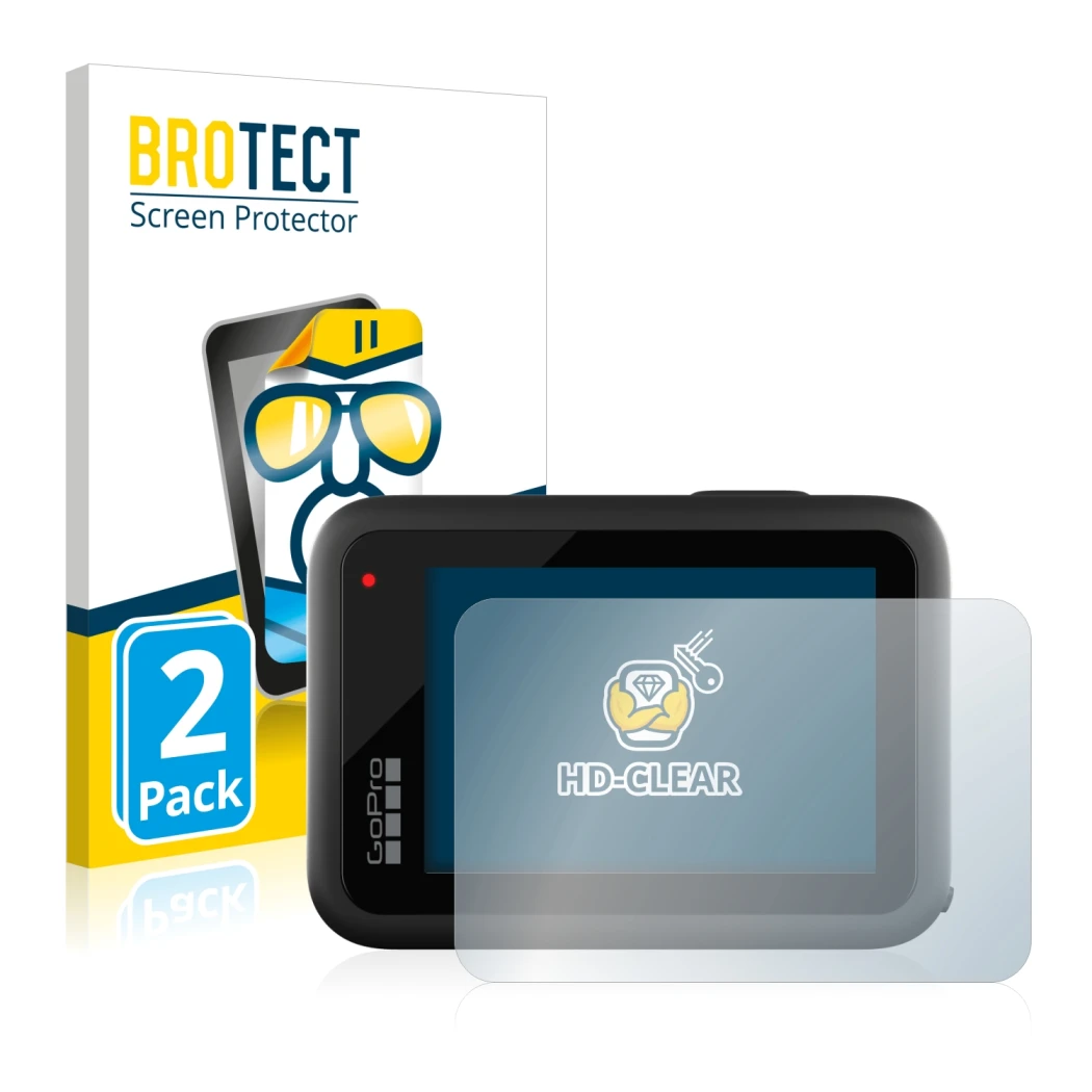 Parte frontal de un envase de producto con el logotipo de la marca BROTECT. Al lado se muestra el dispositivo GoPro Hero 10 Bl