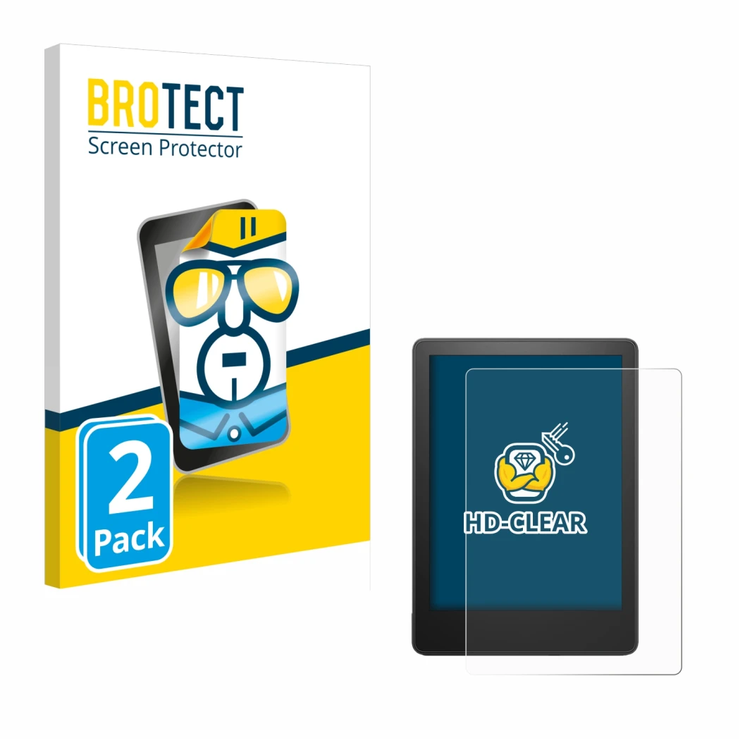 Parte frontal de un envase de producto con el logotipo de la marca BROTECT. Al lado se muestra el dispositivo Amazon Kindle Pa