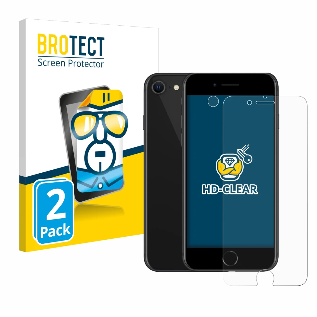 Parte frontal de un envase de producto con el logotipo de la marca BROTECT. Al lado se muestra el dispositivo Apple iPhone SE 