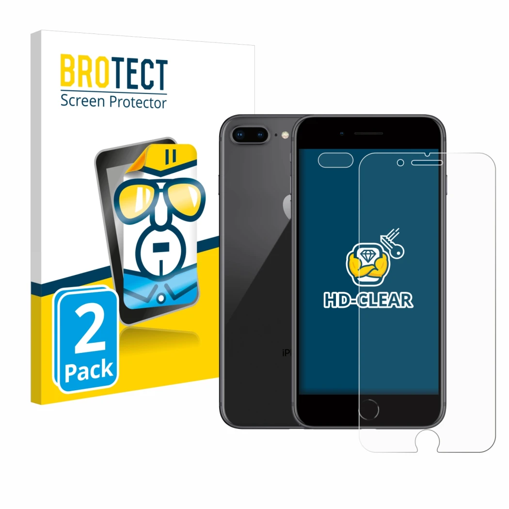 Parte frontal de un envase de producto con el logotipo de la marca BROTECT. Al lado se muestra el dispositivo Apple iPhone 8 P