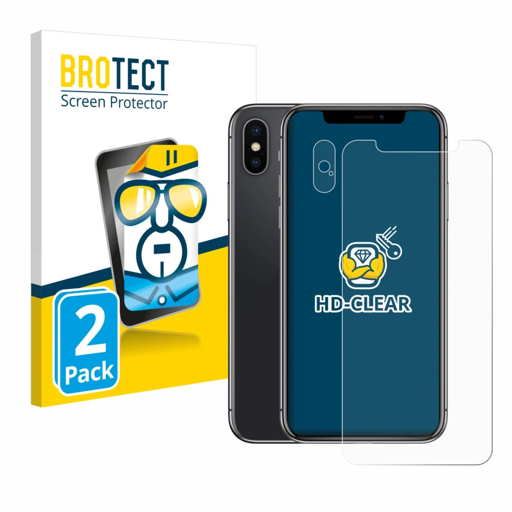 Parte frontal de un envase de producto con el logotipo de la marca BROTECT. Al lado se muestra el dispositivo Apple iPhone X (