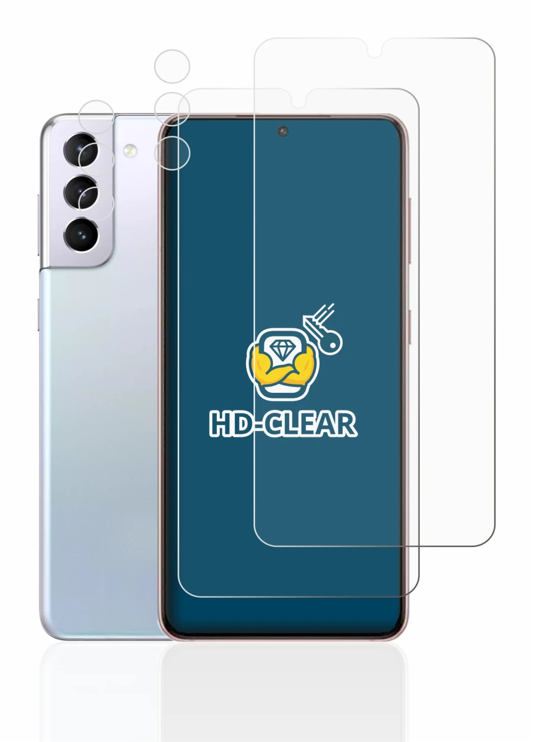 Imagen del dispositivo Samsung Galaxy S21 5G (Frontal+Cámara) con una amplia variedad de protectores de pantalla.