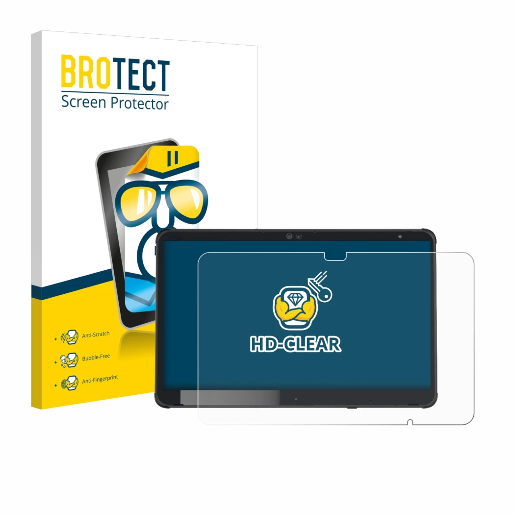 Parte frontal de un envase de producto con el logotipo de la marca BROTECT. Al lado se muestra el dispositivo Fujitsu Stylisti