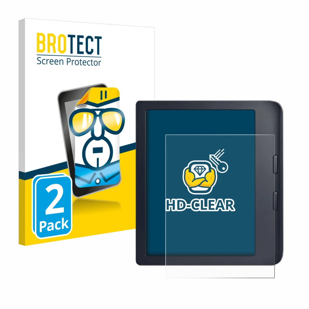 Parte frontal de un envase de producto con el logotipo de la marca BROTECT. Al lado se muestra el dispositivo Kobo Libra 2 con