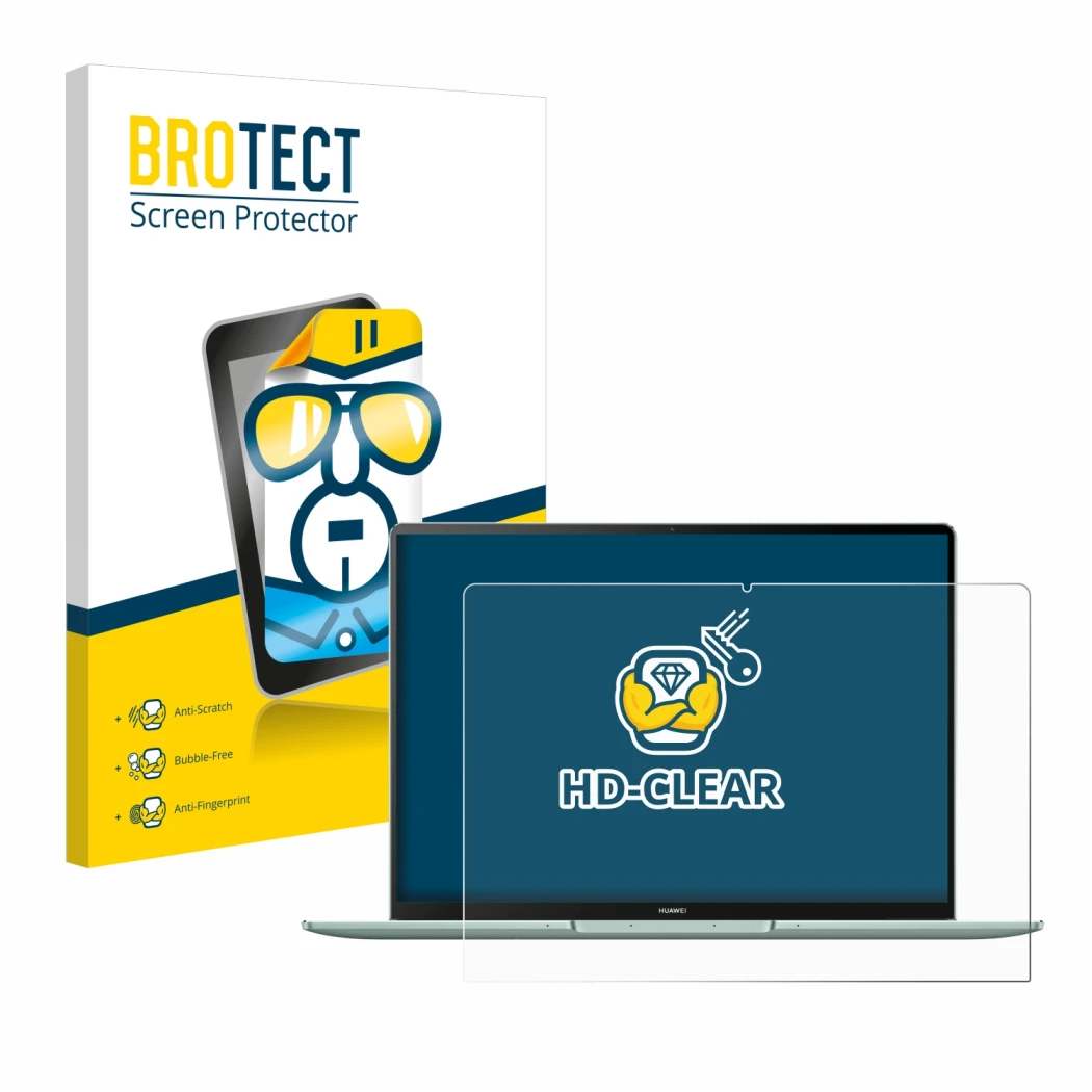 Parte frontal de un envase de producto con el logotipo de la marca BROTECT. Al lado se muestra el dispositivo Huawei MateBook 