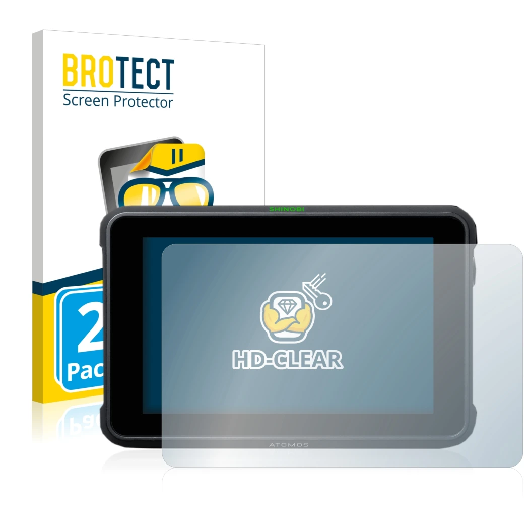 Parte frontal de un envase de producto con el logotipo de la marca BROTECT. Al lado se muestra el dispositivo Atomos Shinobi 7