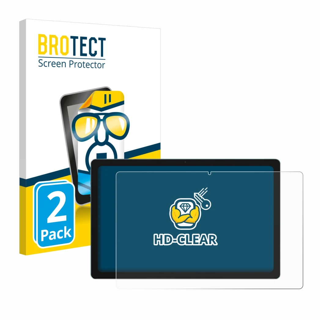 Parte frontal de un envase de producto con el logotipo de la marca BROTECT. Al lado se muestra el dispositivo Blackview Tab 11