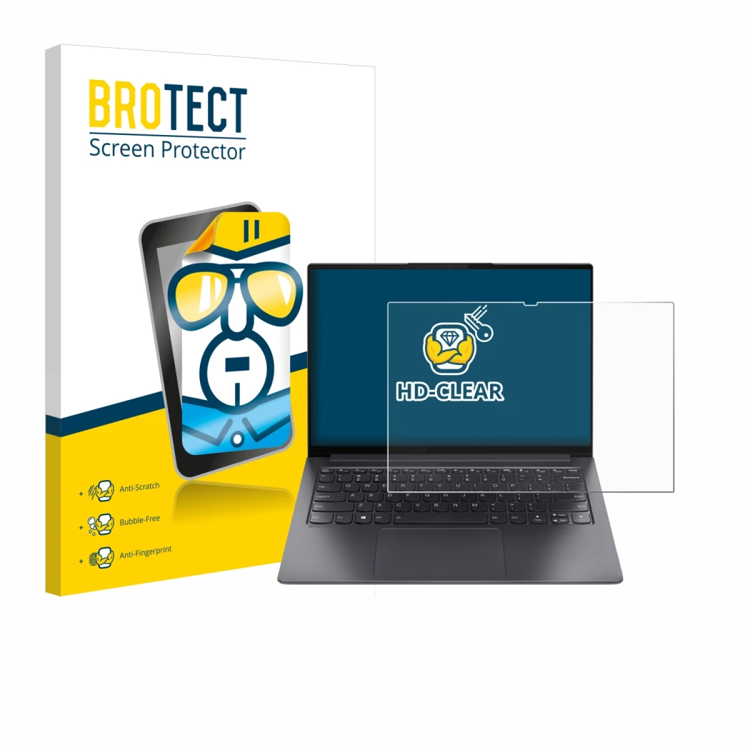 Parte frontal de un envase de producto con el logotipo de la marca BROTECT. Al lado se muestra el dispositivo Lenovo Yoga Slim