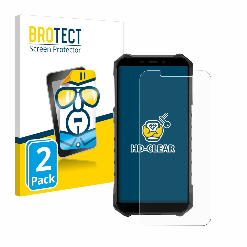 Parte frontal de un envase de producto con el logotipo de la marca BROTECT. Al lado se muestra el dispositivo Ulefone Armor X9