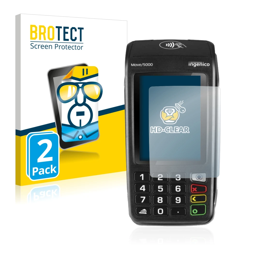 Parte frontal de un envase de producto con el logotipo de la marca BROTECT. Al lado se muestra el dispositivo ingenico Move 50