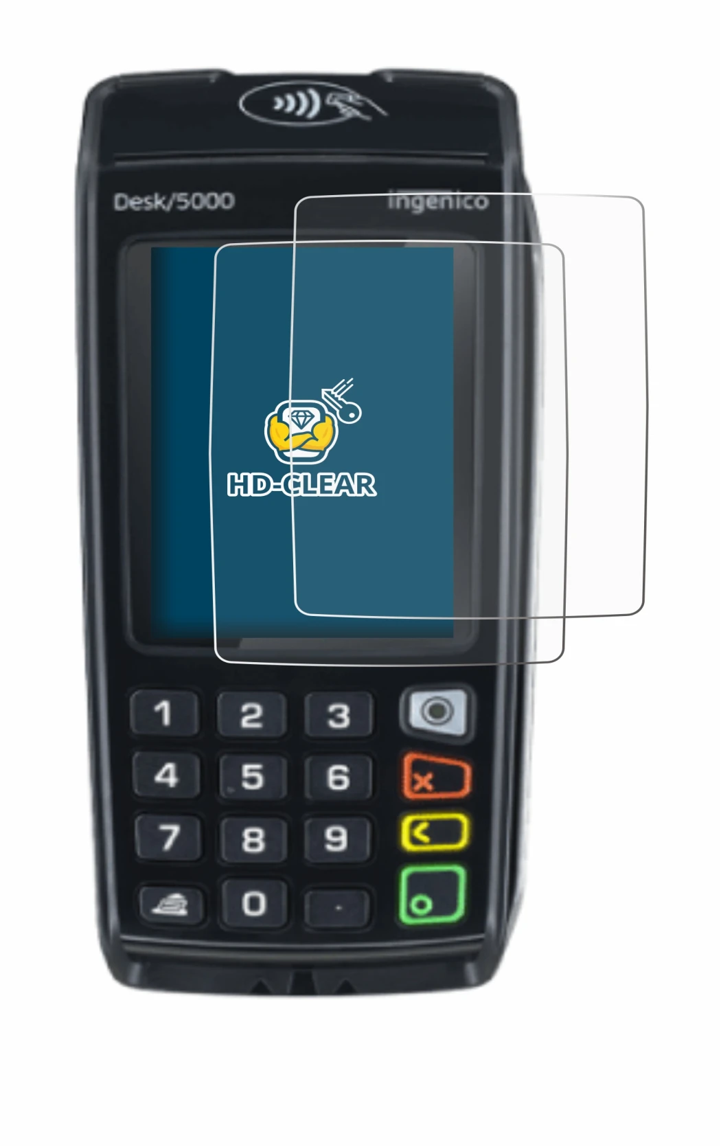 Imagen del dispositivo ingenico Desk/5000 con una amplia variedad de protectores de pantalla.