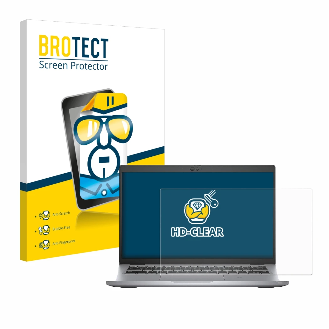 Parte frontal de un envase de producto con el logotipo de la marca BROTECT. Al lado se muestra el dispositivo Dell Latitude 54