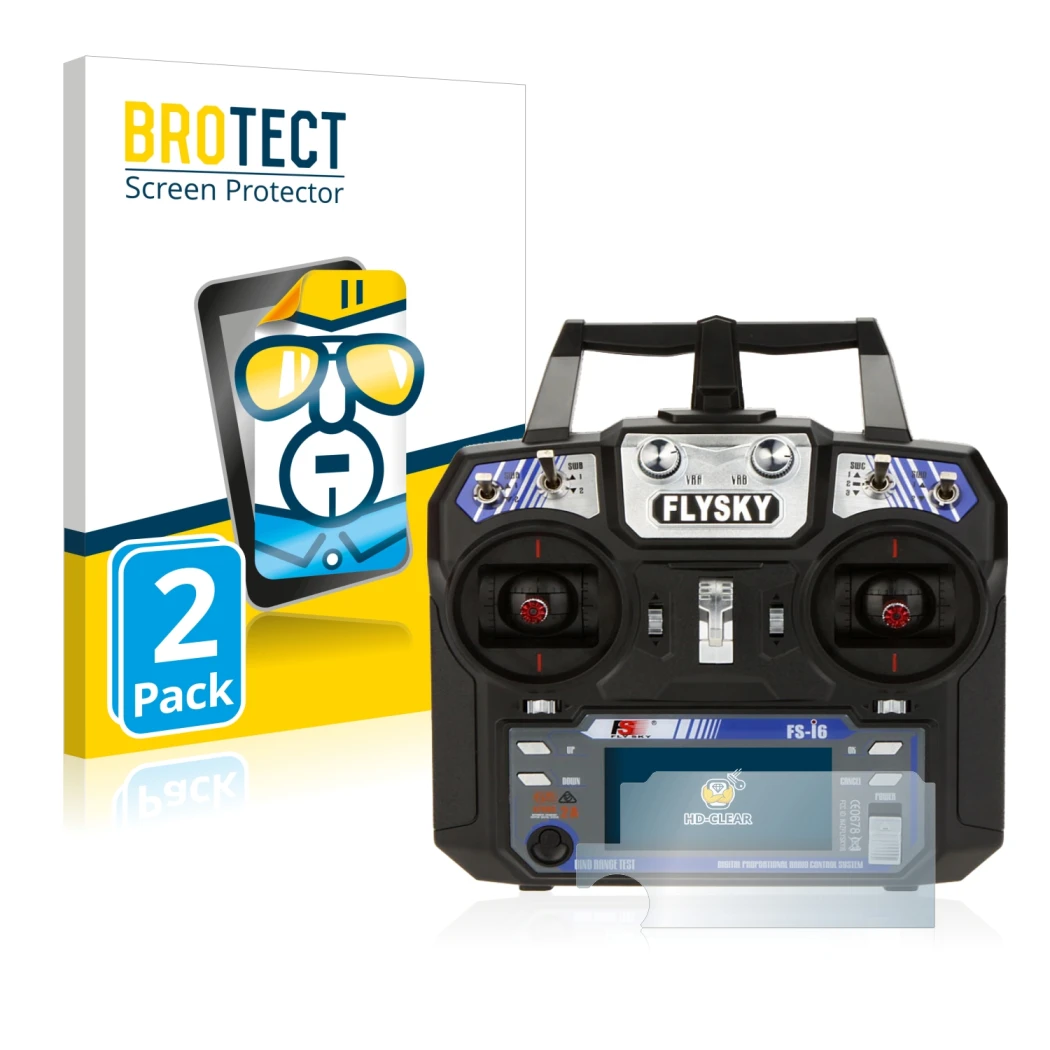 Parte frontal de un envase de producto con el logotipo de la marca BROTECT. Al lado se muestra el dispositivo FlySky FS-i6 con