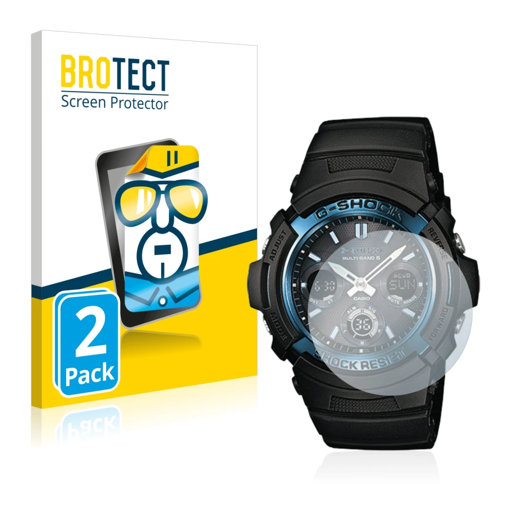 Parte frontal de un envase de producto con el logotipo de la marca BROTECT. Al lado se muestra el dispositivo Casio AWG M100 c