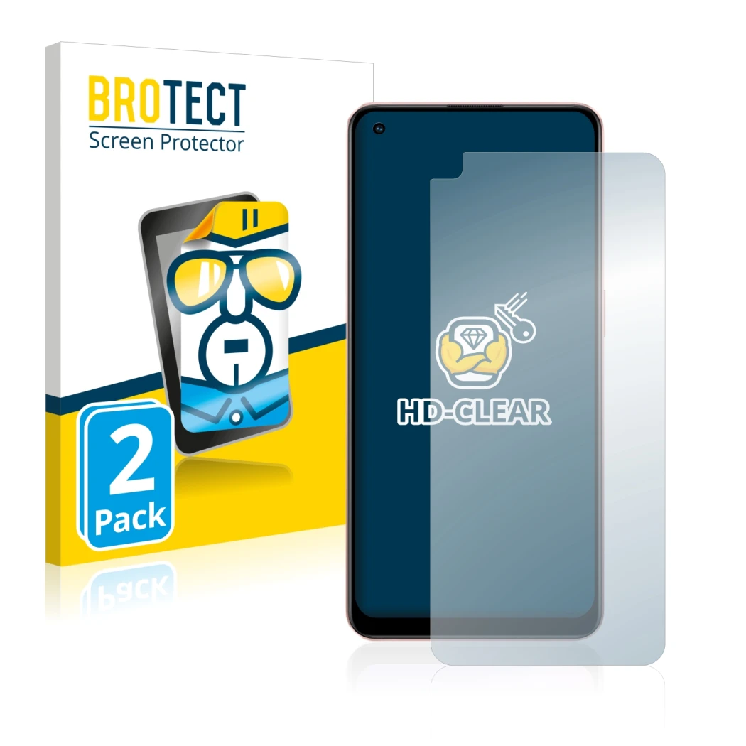 Parte frontal de un envase de producto con el logotipo de la marca BROTECT. Al lado se muestra el dispositivo Oppo A96 con su