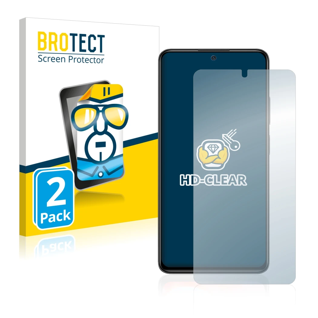 Parte frontal de un envase de producto con el logotipo de la marca BROTECT. Al lado se muestra el dispositivo Xiaomi Redmi Not