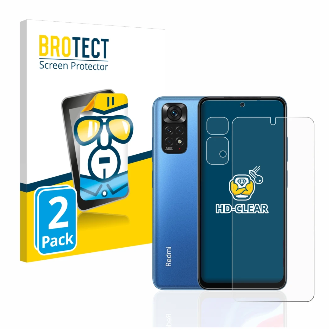 Parte frontal de un envase de producto con el logotipo de la marca BROTECT. Al lado se muestra el dispositivo Xiaomi Redmi Not