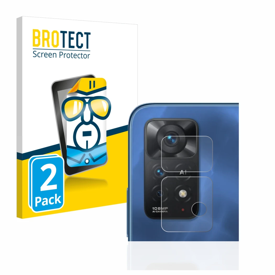 Parte frontal de un envase de producto con el logotipo de la marca BROTECT. Al lado se muestra el dispositivo Xiaomi Redmi Not