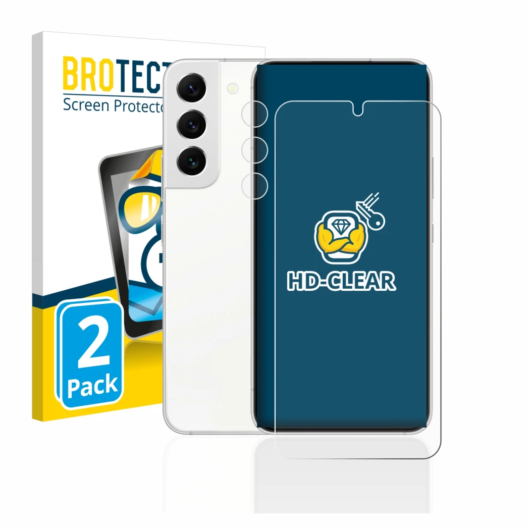 Parte frontal de un envase de producto con el logotipo de la marca BROTECT. Al lado se muestra el dispositivo Samsung Galaxy S
