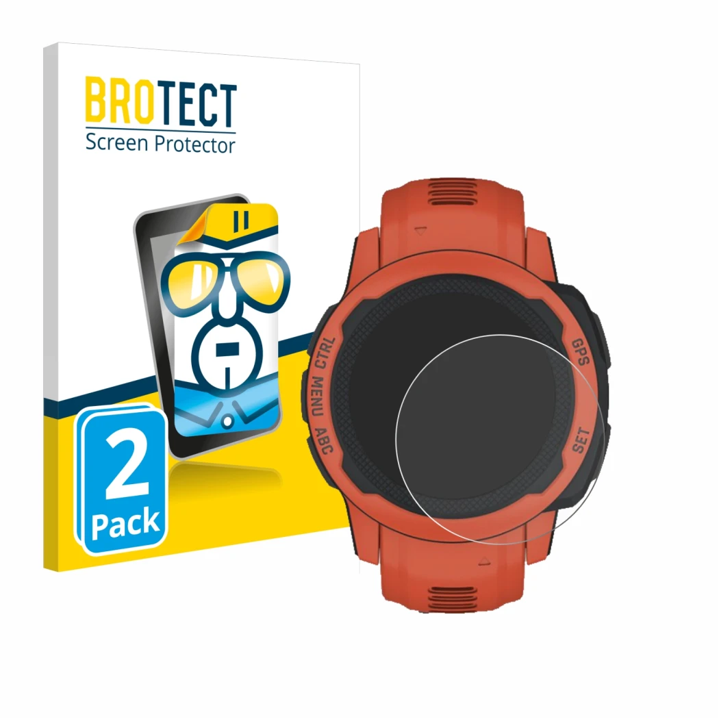 Parte frontal de un envase de producto con el logotipo de la marca BROTECT. Al lado se muestra el dispositivo Garmin Instinct 