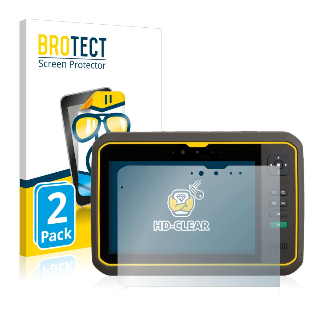 Parte frontal de un envase de producto con el logotipo de la marca BROTECT. Al lado se muestra el dispositivo Trimble T7 con s