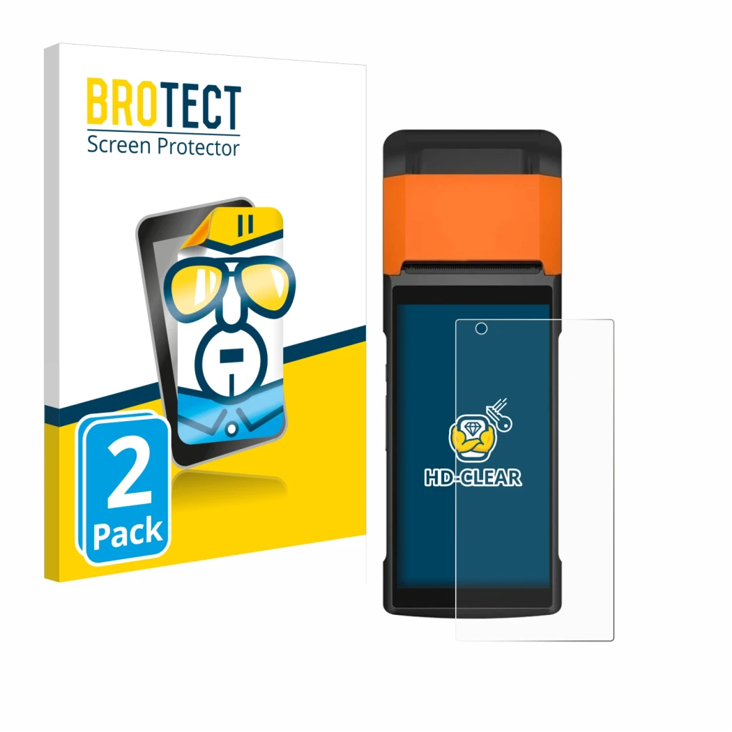 Parte frontal de un envase de producto con el logotipo de la marca BROTECT. Al lado se muestra el dispositivo Sunmi V2s con su