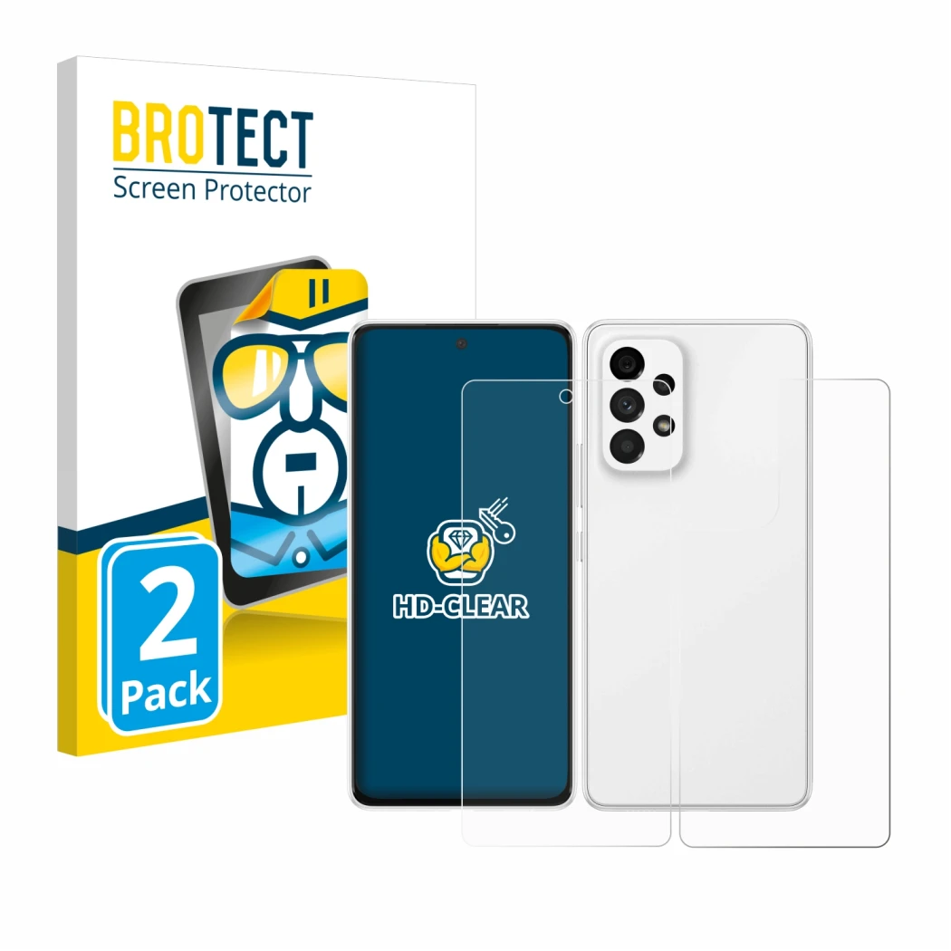 Parte frontal de un envase de producto con el logotipo de la marca BROTECT. Al lado se muestra el dispositivo Samsung Galaxy A