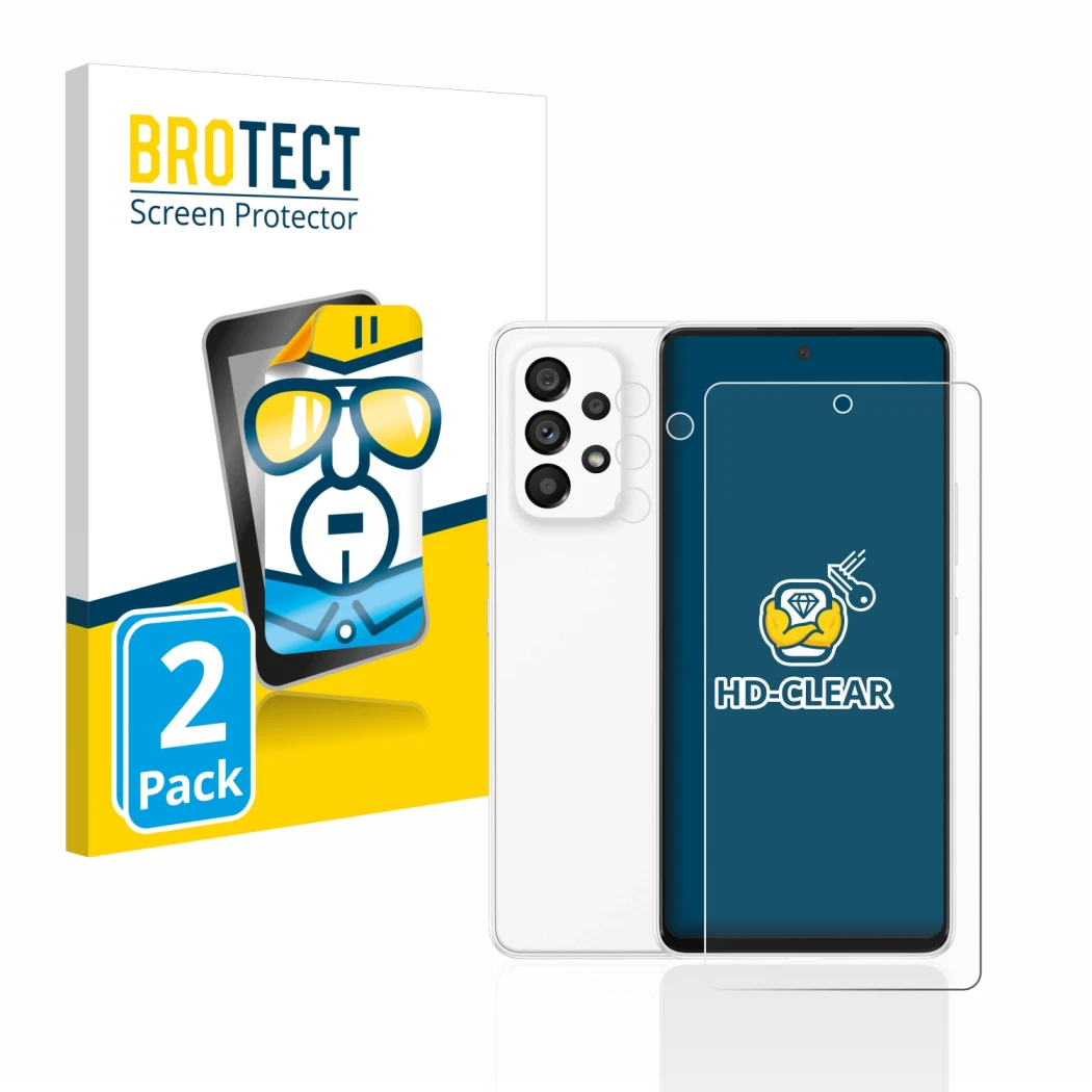 Parte frontal de un envase de producto con el logotipo de la marca BROTECT. Al lado se muestra el dispositivo Samsung Galaxy A