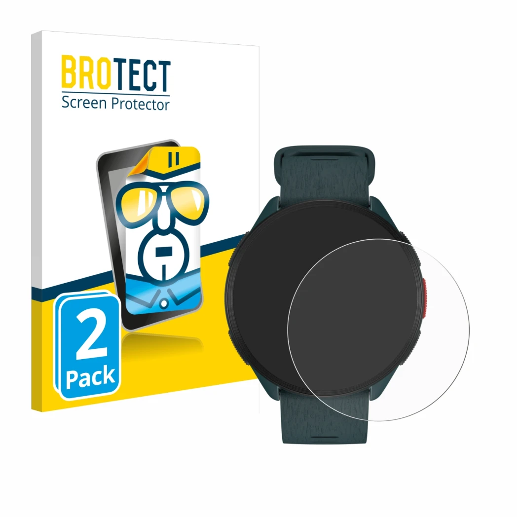 Parte frontal de un envase de producto con el logotipo de la marca BROTECT. Al lado se muestra el dispositivo Polar Pacer con 