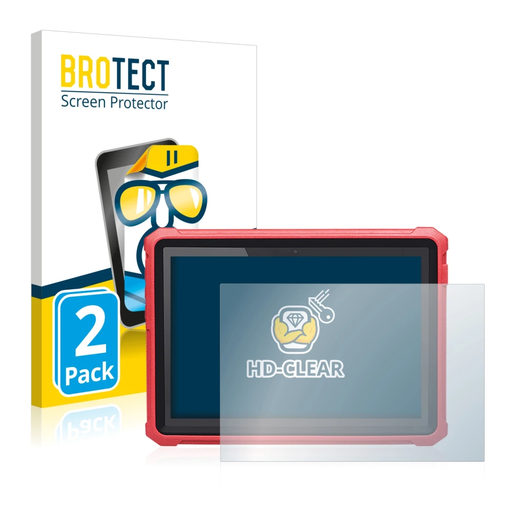 Parte frontal de un envase de producto con el logotipo de la marca BROTECT. Al lado se muestra el dispositivo Launch X-431 Pro