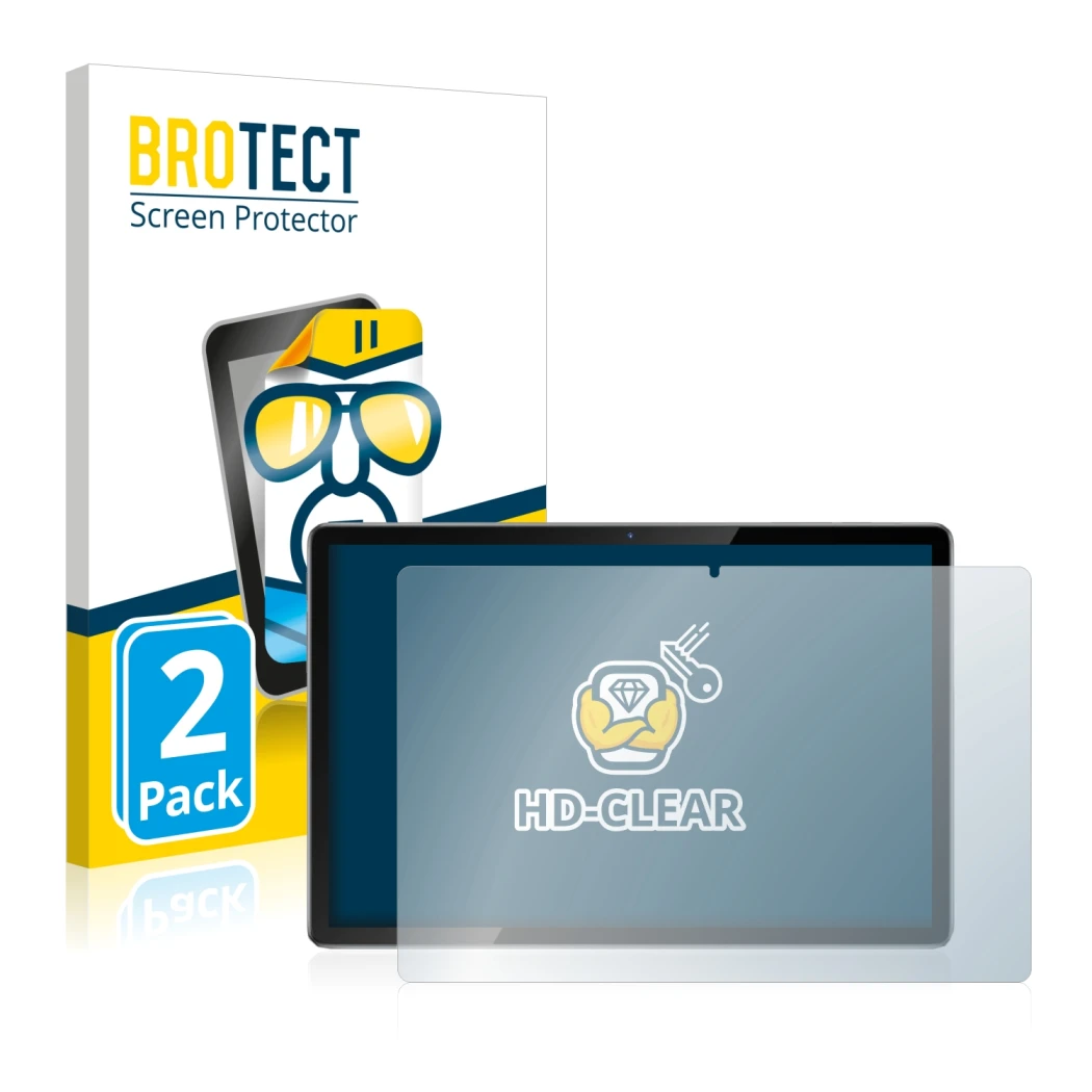 Parte frontal de un envase de producto con el logotipo de la marca BROTECT. Al lado se muestra el dispositivo Blackview Tab 12