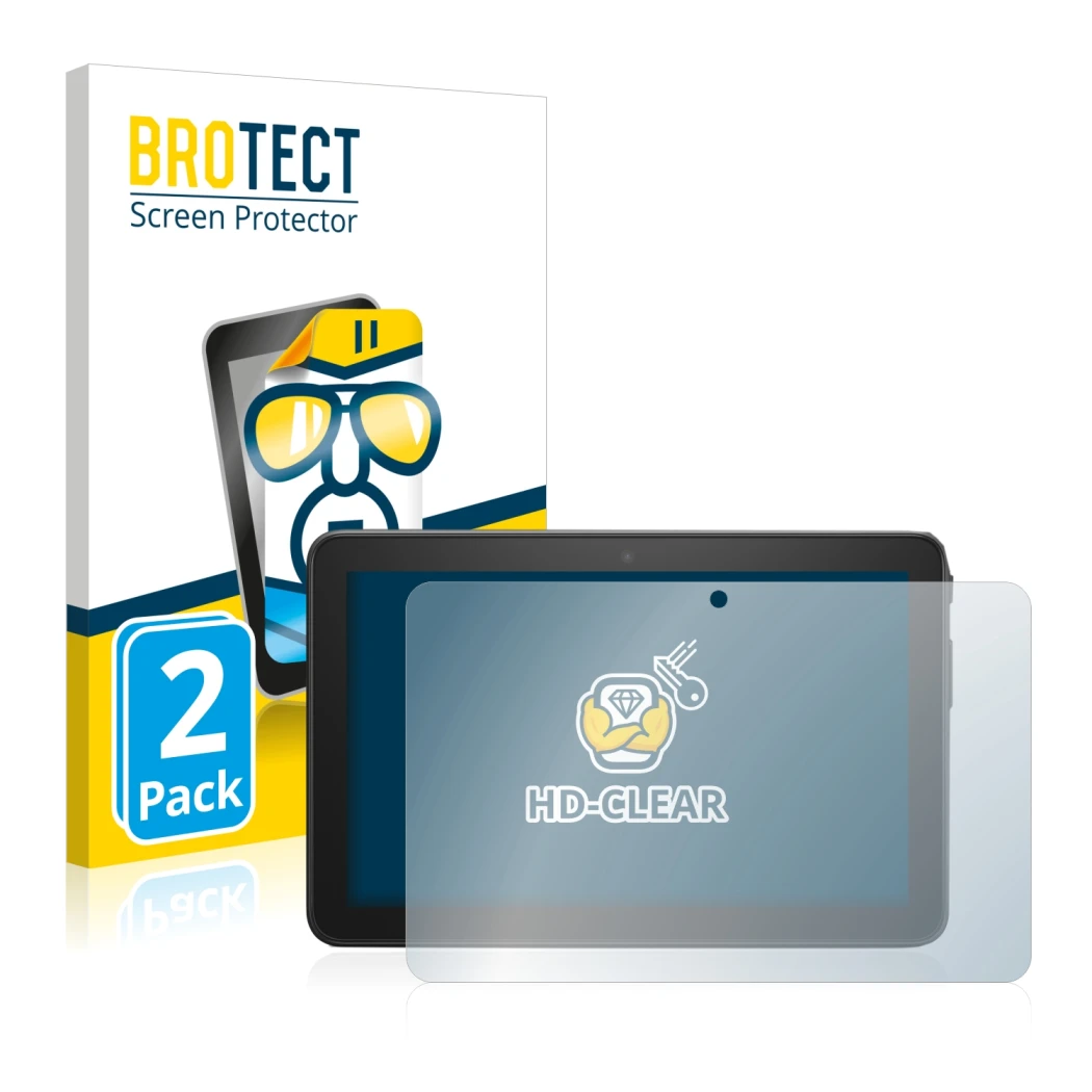 Parte frontal de un envase de producto con el logotipo de la marca BROTECT. Al lado se muestra el dispositivo Amazon Fire 7 20