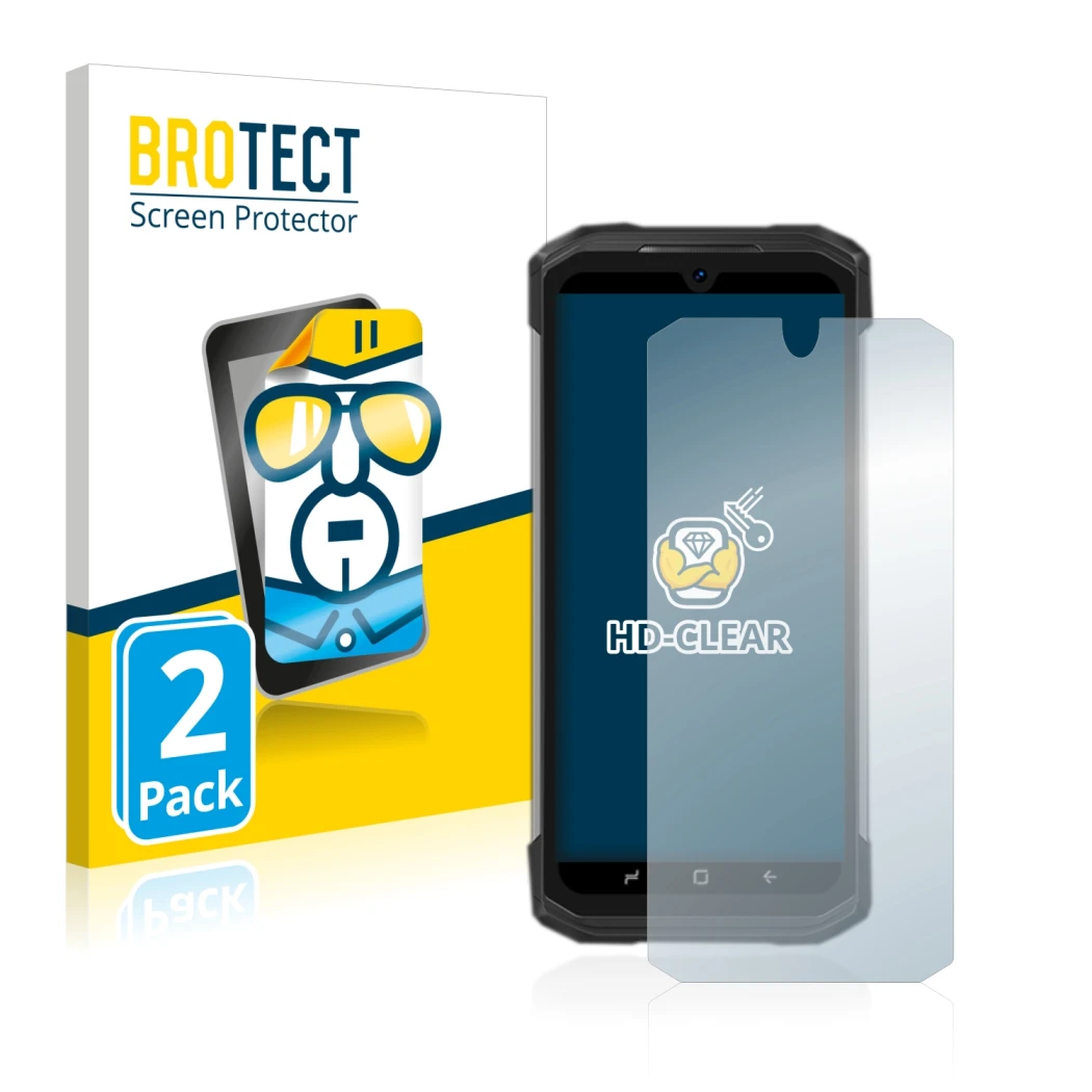 Parte frontal de un envase de producto con el logotipo de la marca BROTECT. Al lado se muestra el dispositivo Doogee S98 Pro c