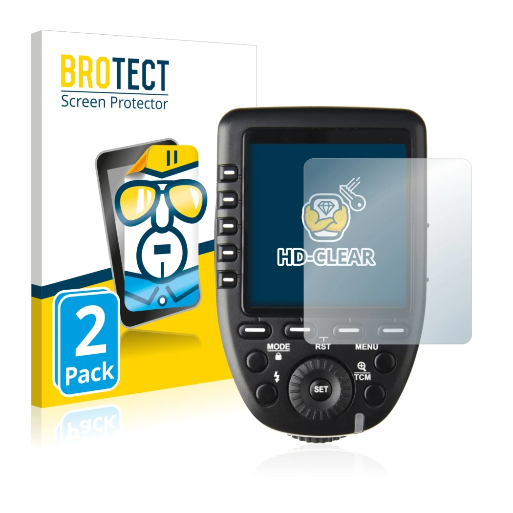 Parte frontal de un envase de producto con el logotipo de la marca BROTECT. Al lado se muestra el dispositivo Godox XPro con s