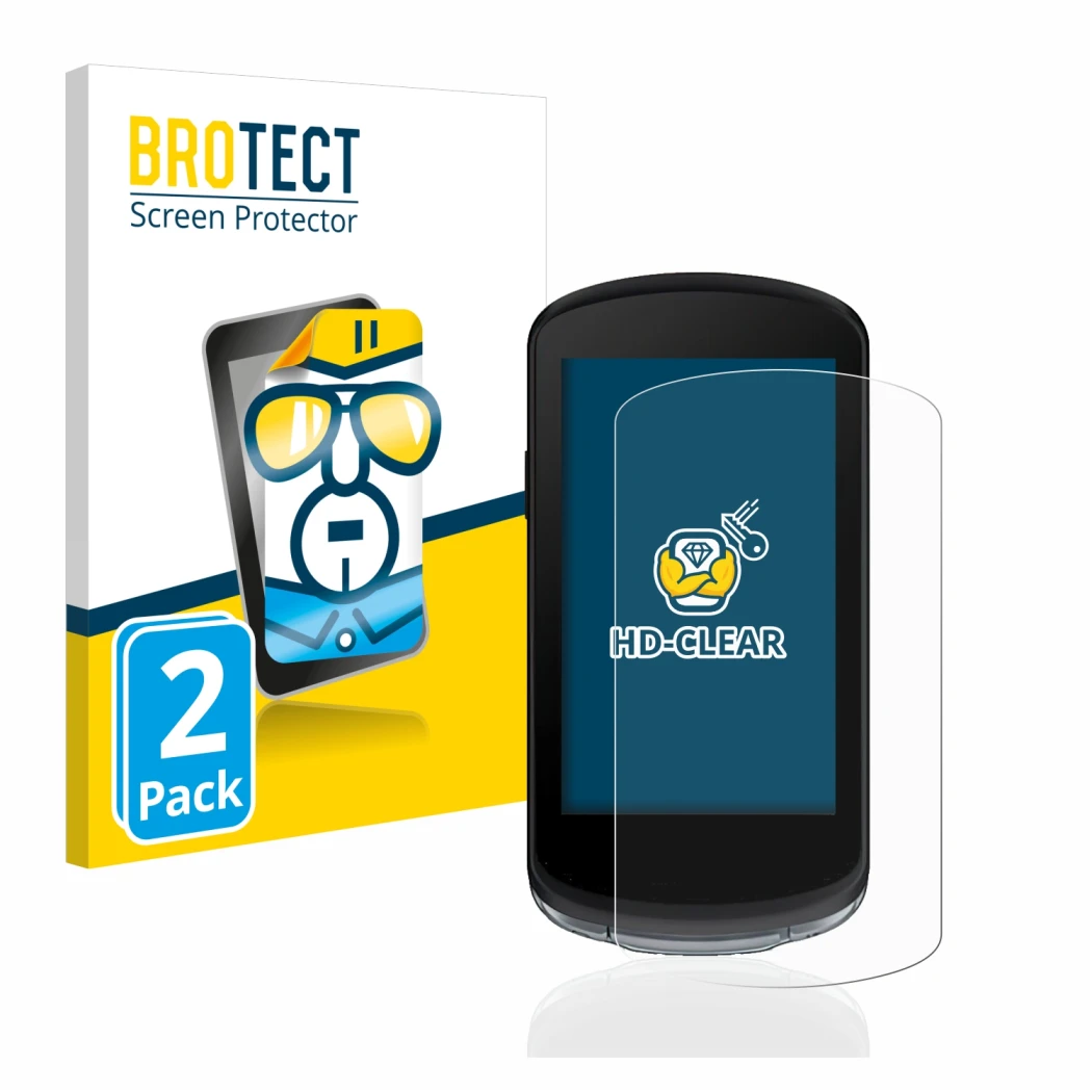 Parte frontal de un envase de producto con el logotipo de la marca BROTECT. Al lado se muestra el dispositivo Garmin Edge 1040