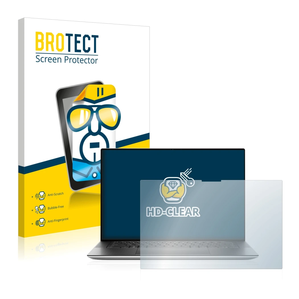 Parte frontal de un envase de producto con el logotipo de la marca BROTECT. Al lado se muestra el dispositivo Dell XPS 15 9510