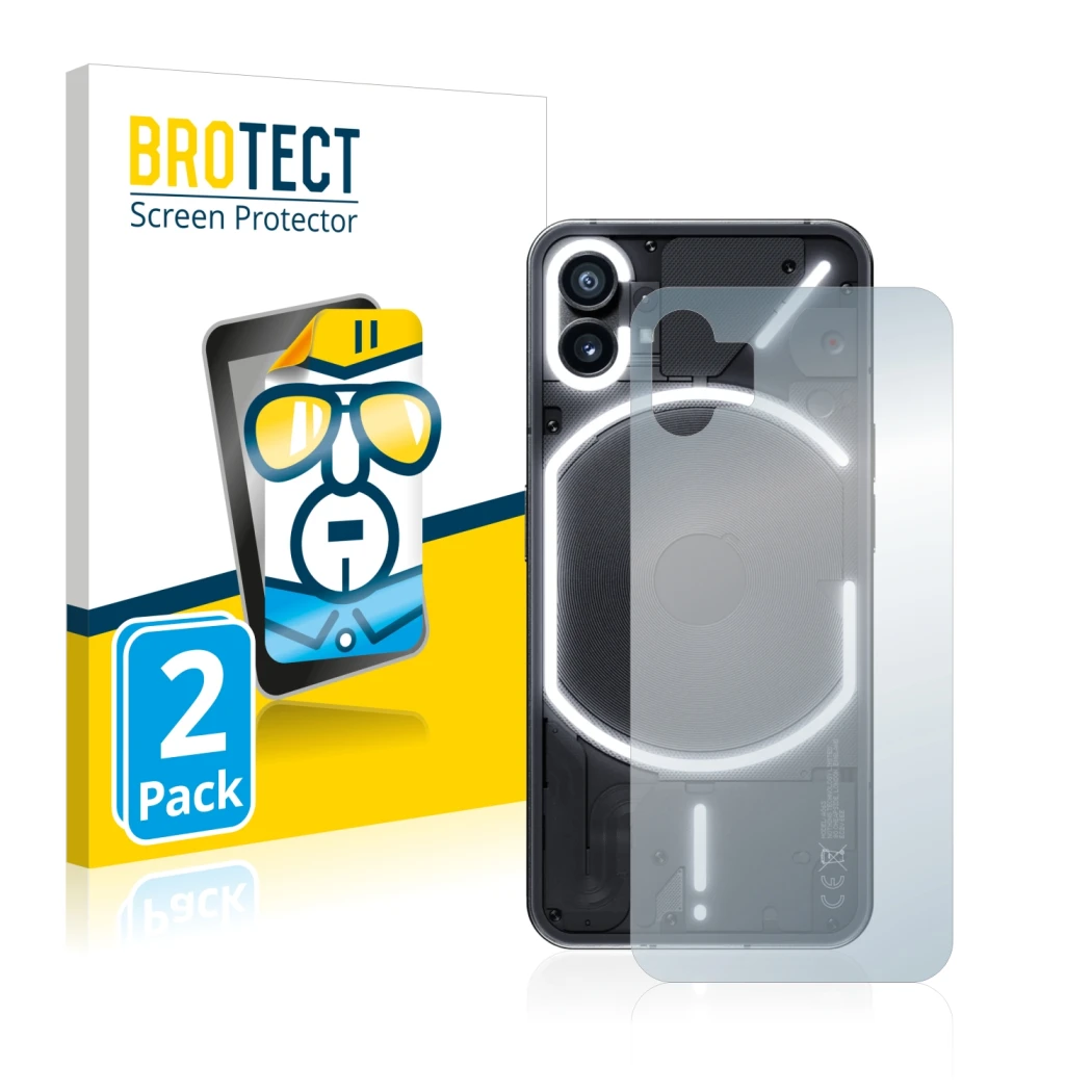 Parte frontal de un envase de producto con el logotipo de la marca BROTECT. Al lado se muestra el dispositivo Nothing Phone (1