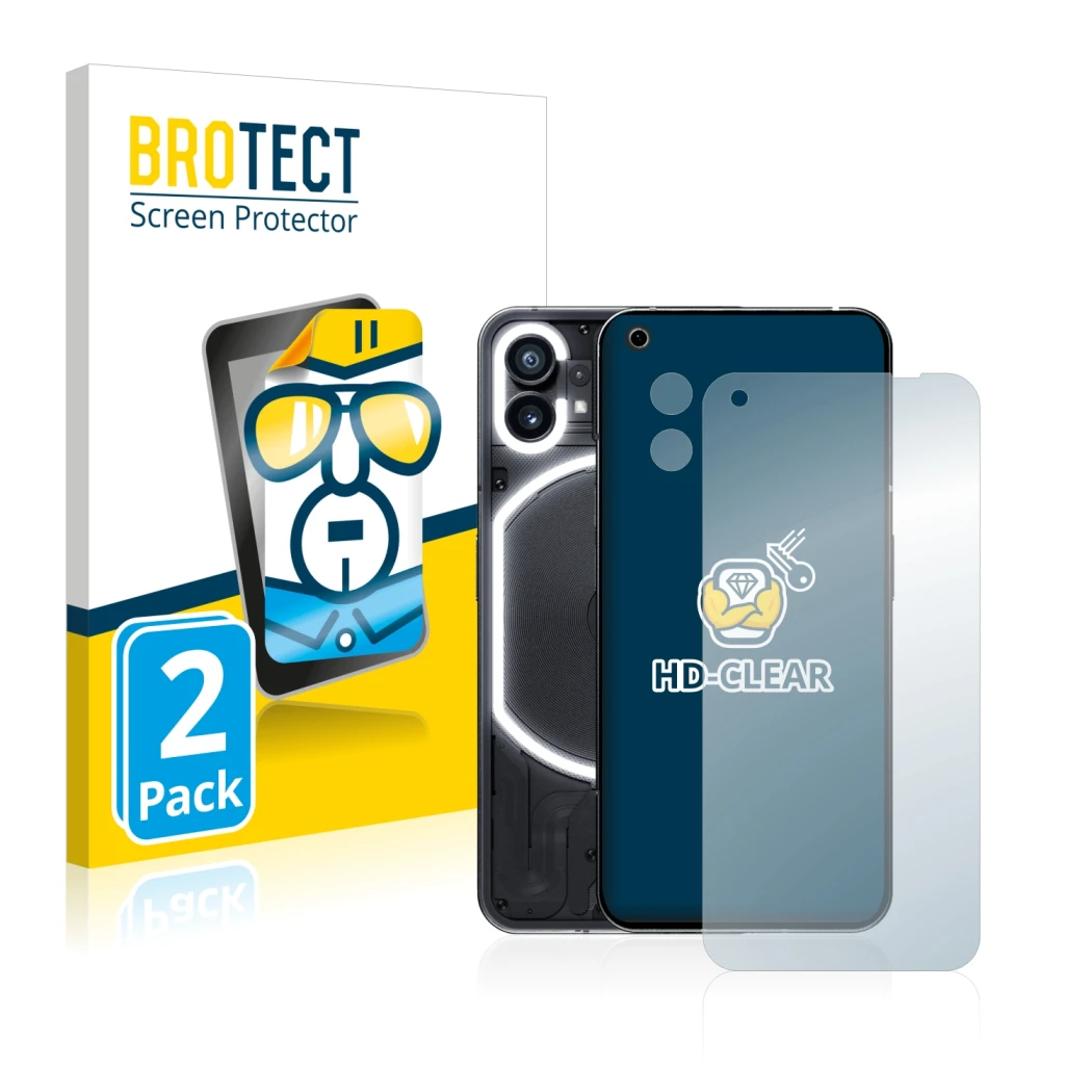 Parte frontal de un envase de producto con el logotipo de la marca BROTECT. Al lado se muestra el dispositivo Nothing Phone (1